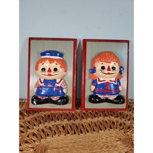 Vintage Raggedy Ann Andy 3D Wall Plaques Nursery Decor 1970s Retro Pair
